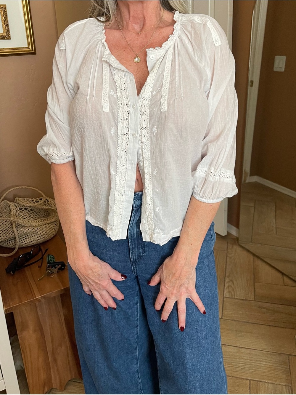 lovestitch White Lace-Trim Peasant Blouse